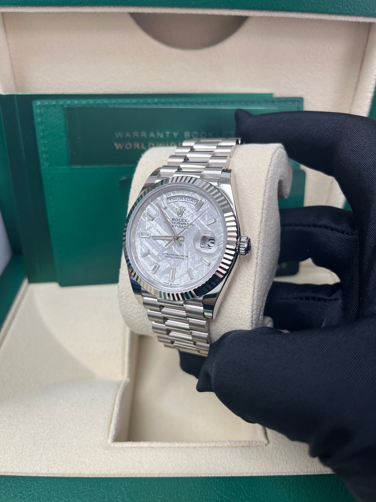 Rolex Day-Date 40mm Meteorite Baguette Dial White Gold Fluted Bezel Reference # 228239