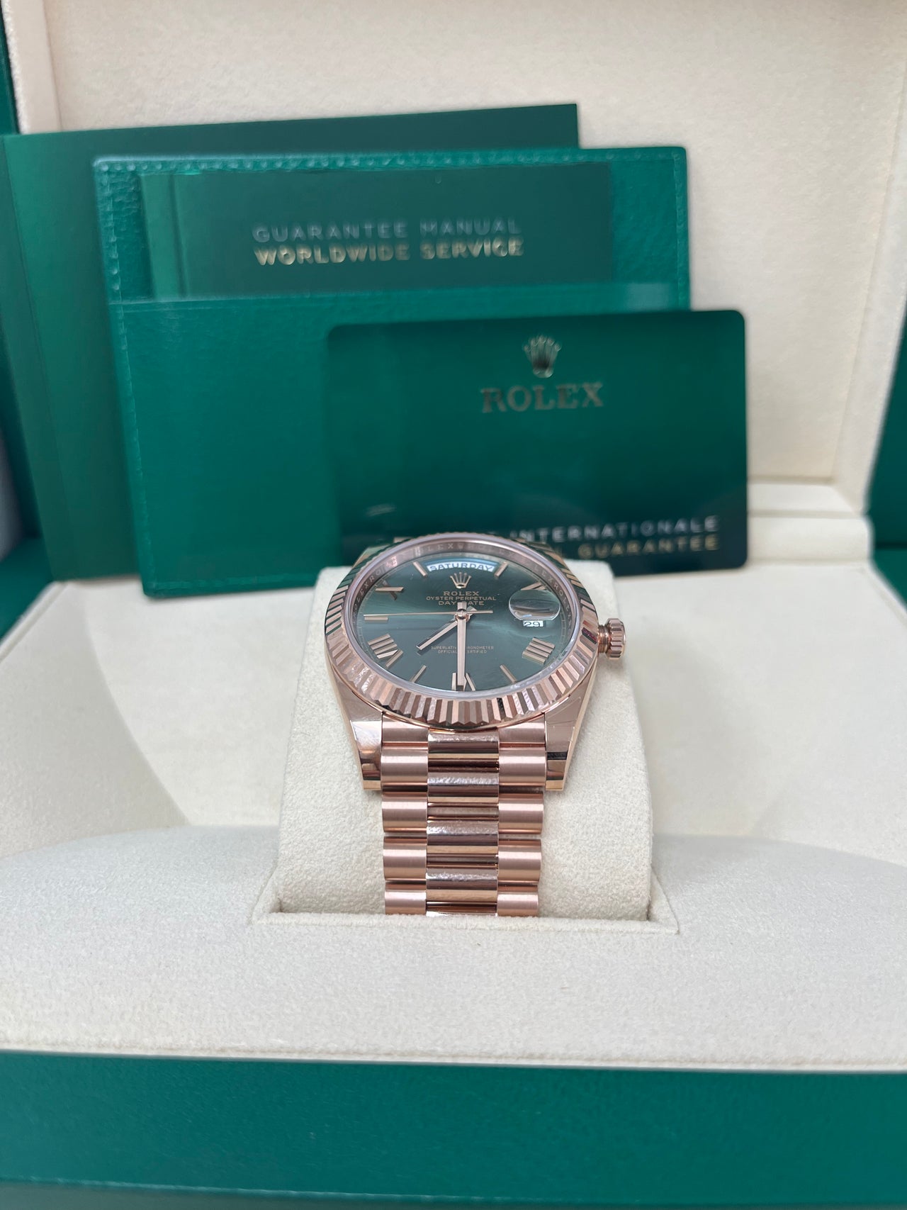 Rolex Day-Date 40 Rose Gold Green Roman Dial - Fluted Bezel (Ref#228235)