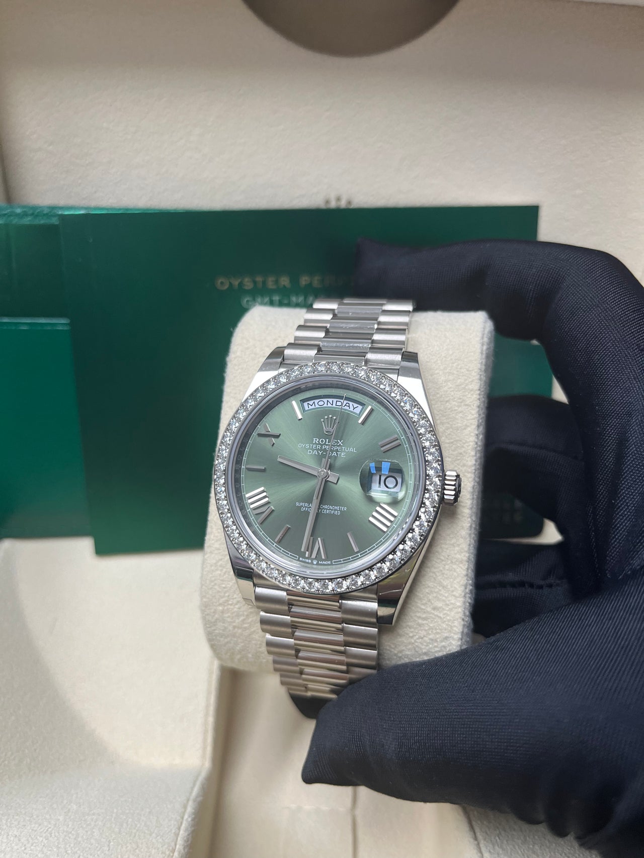 Rolex White Gold Day-Date 40 Watch - Bezel - Olive Green Bevelled Roman Dial - President Bracelet (Ref# 228349RBR)