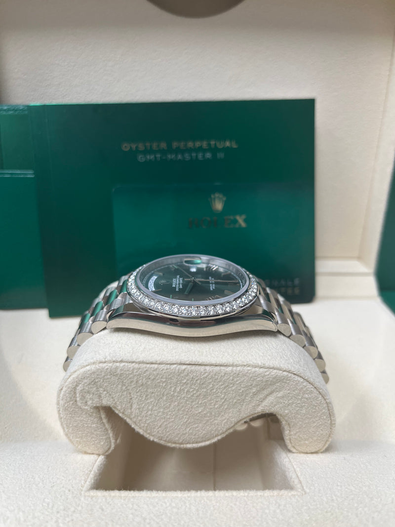 Rolex White Gold Day-Date 40 Watch - Bezel - Olive Green Bevelled Roman Dial - President Bracelet (Ref# 228349RBR)