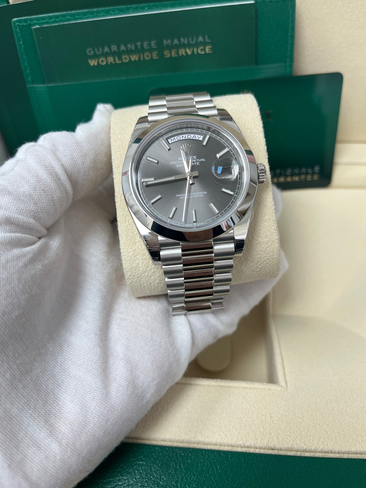 Rolex Day-Date 40mm Platinum/ Grey Dial Smooth Bezel Index Dial (Reference 228206)