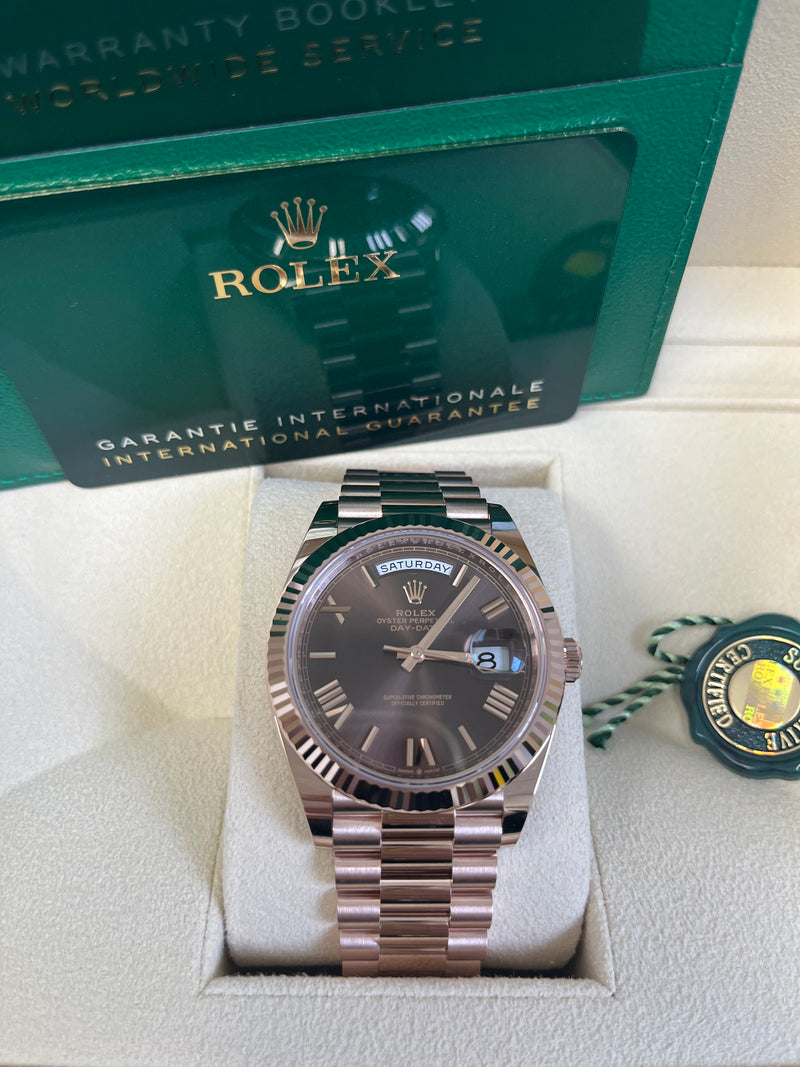 Rolex Day-Date 40 Rose Gold w/ Chocolate Roman Dial & Fluted Bezel (Ref# 228235)