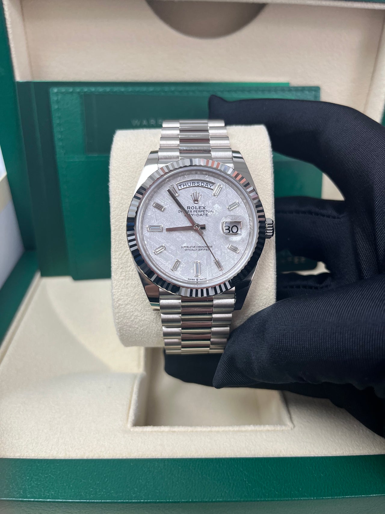 Rolex Day-Date 40mm Meteorite Baguette Dial White Gold Fluted Bezel Reference # 228239