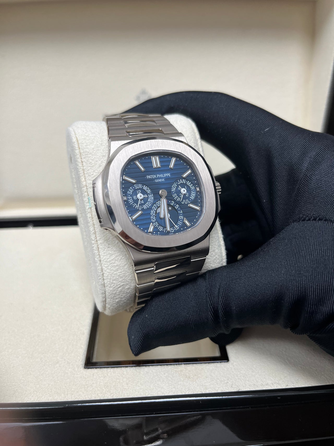 Patek Philippe Nautilus Perpetual Calendar Sunburst White Gold Blue D WatchesOff5th