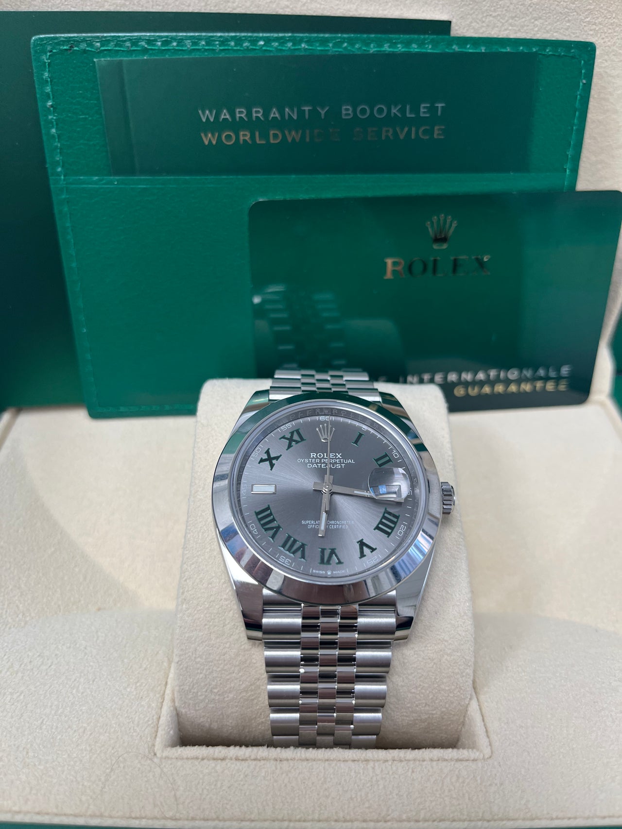 Rolex Datejust 41/ Stainless Steel/ Wimbledon Slate Green Roman Dial/ Smooth Bezel/ Jubilee Bracelet (Ref# 126300)