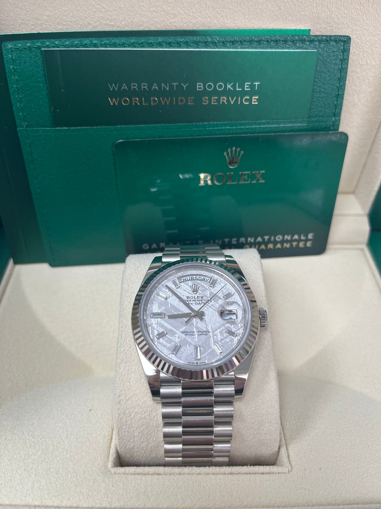 Rolex Day-Date 40mm Meteorite Baguette Dial White Gold Fluted Bezel Reference # 228239