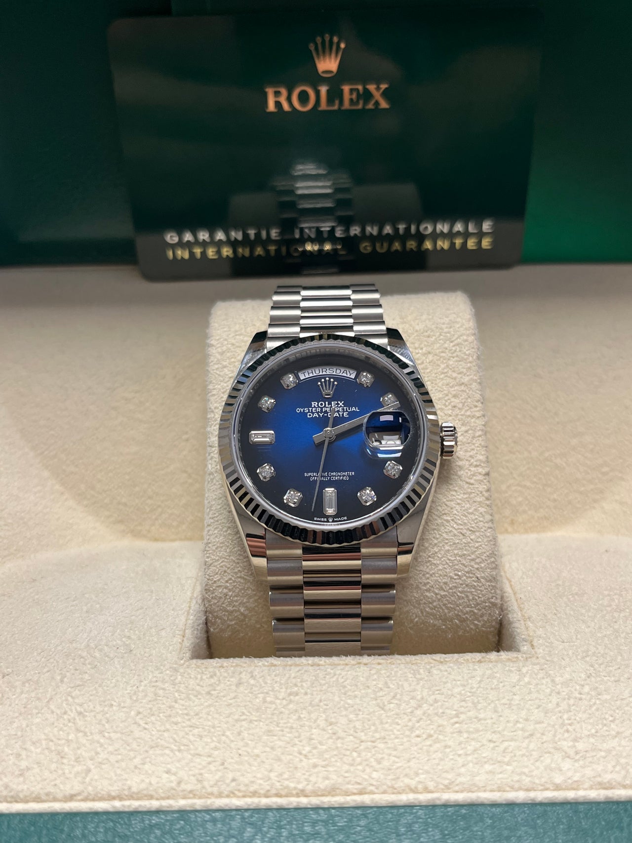 Rolex White Gold Day-Date 36 Watch - Fluted Bezel - Blue Ombre´ Diamond Dial - President Bracelet (Ref # 128239)