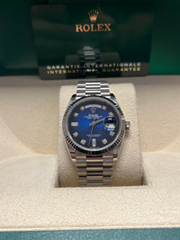 Thumbnail for Rolex White Gold Day-Date 36 Watch - Fluted Bezel - Blue Ombre´ Diamond Dial - President Bracelet (Ref # 128239)