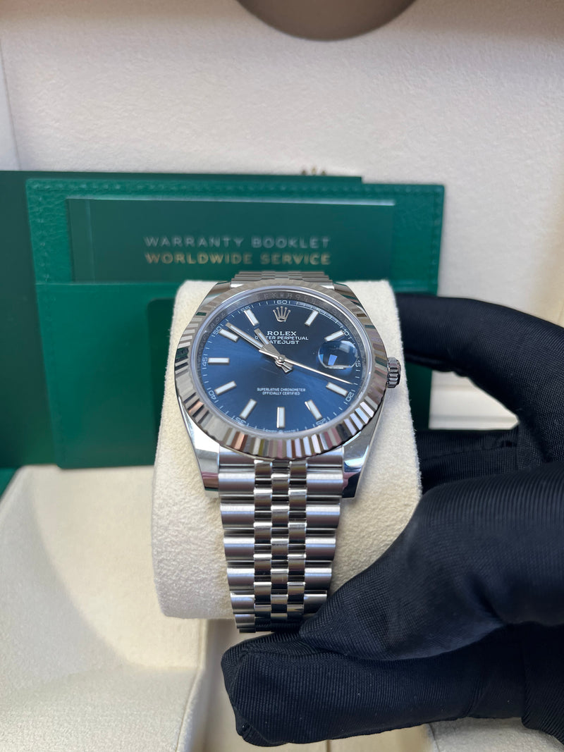 Rolex Datejust 41 White Gold and Steel Blue Index Jubilee Fluted Bezel Ref 126334
