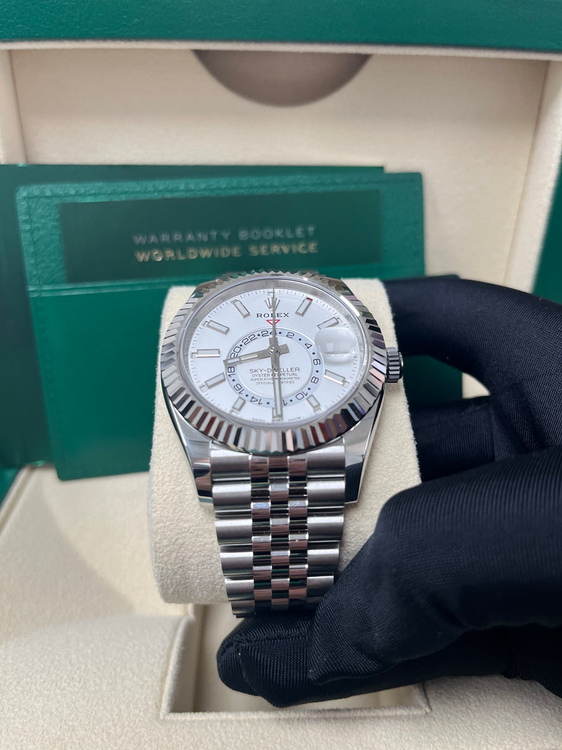 Rolex white sky dweller best sale