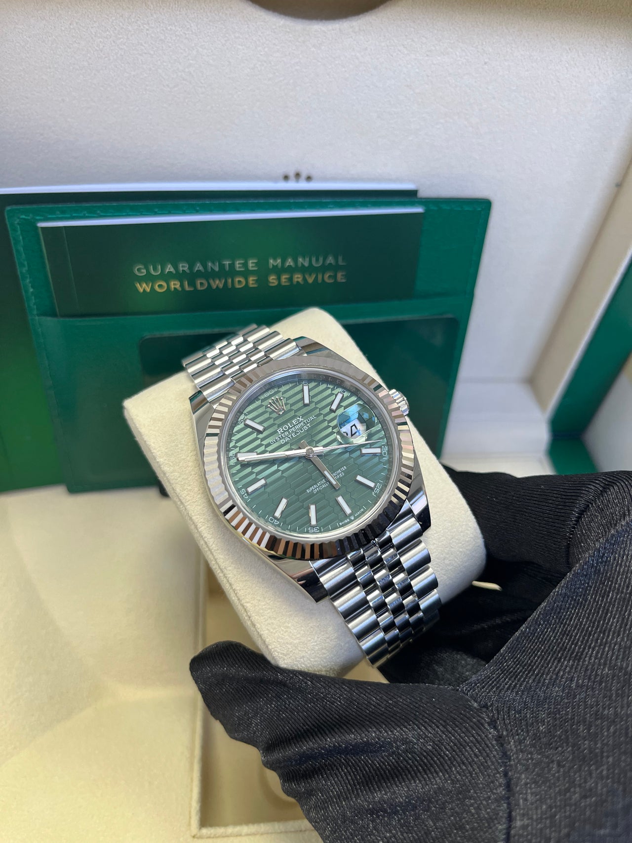 Rolex Datejust 41mm White Gold/Steel Mint Green Fluted Motif Index Fluted Bezel Jubilee Reference #126334