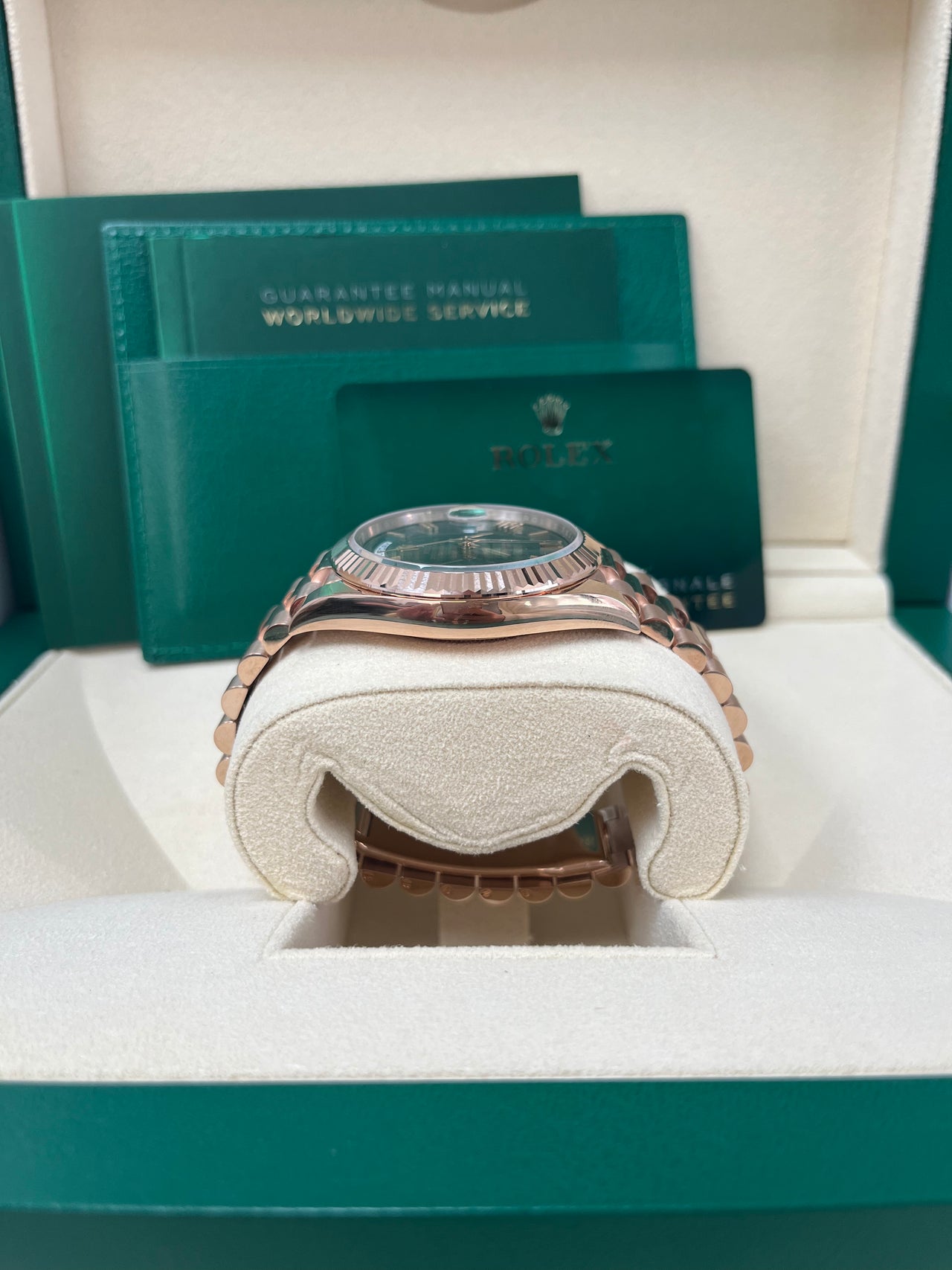 Rolex Day-Date 40 Rose Gold Green Roman Dial - Fluted Bezel (Ref#228235)