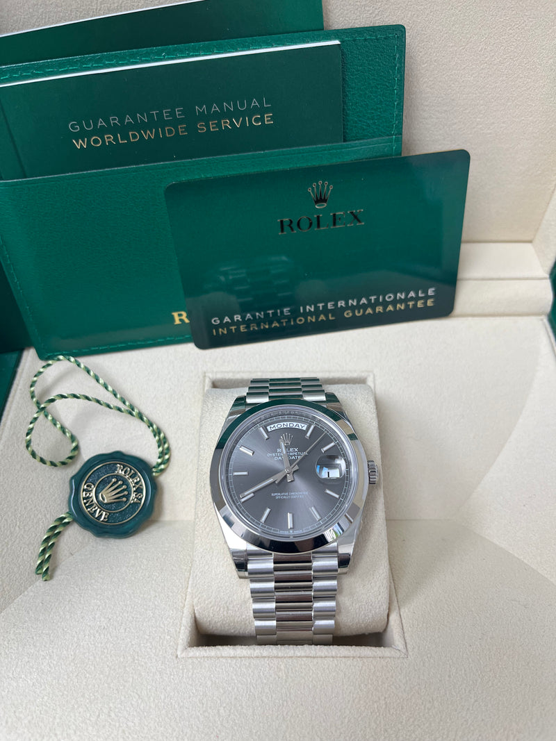 Rolex Day-Date 40mm Platinum/ Grey Dial Smooth Bezel Index Dial (Reference 228206)