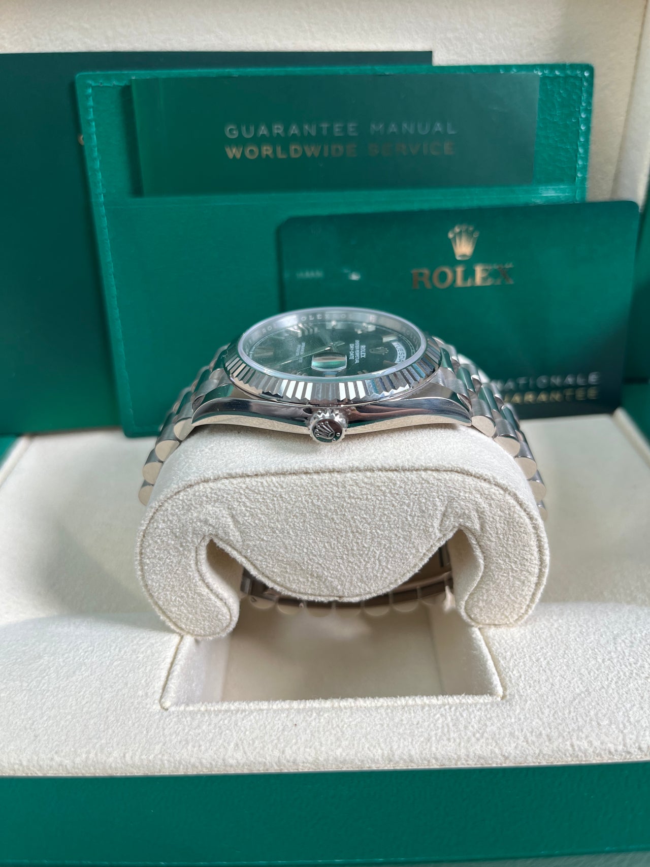 Rolex White Gold Day-Date 40 Watch - Fluted Bezel - Olive Green Bevelled Roman Dial - President Bracelet (Ref# 228239)