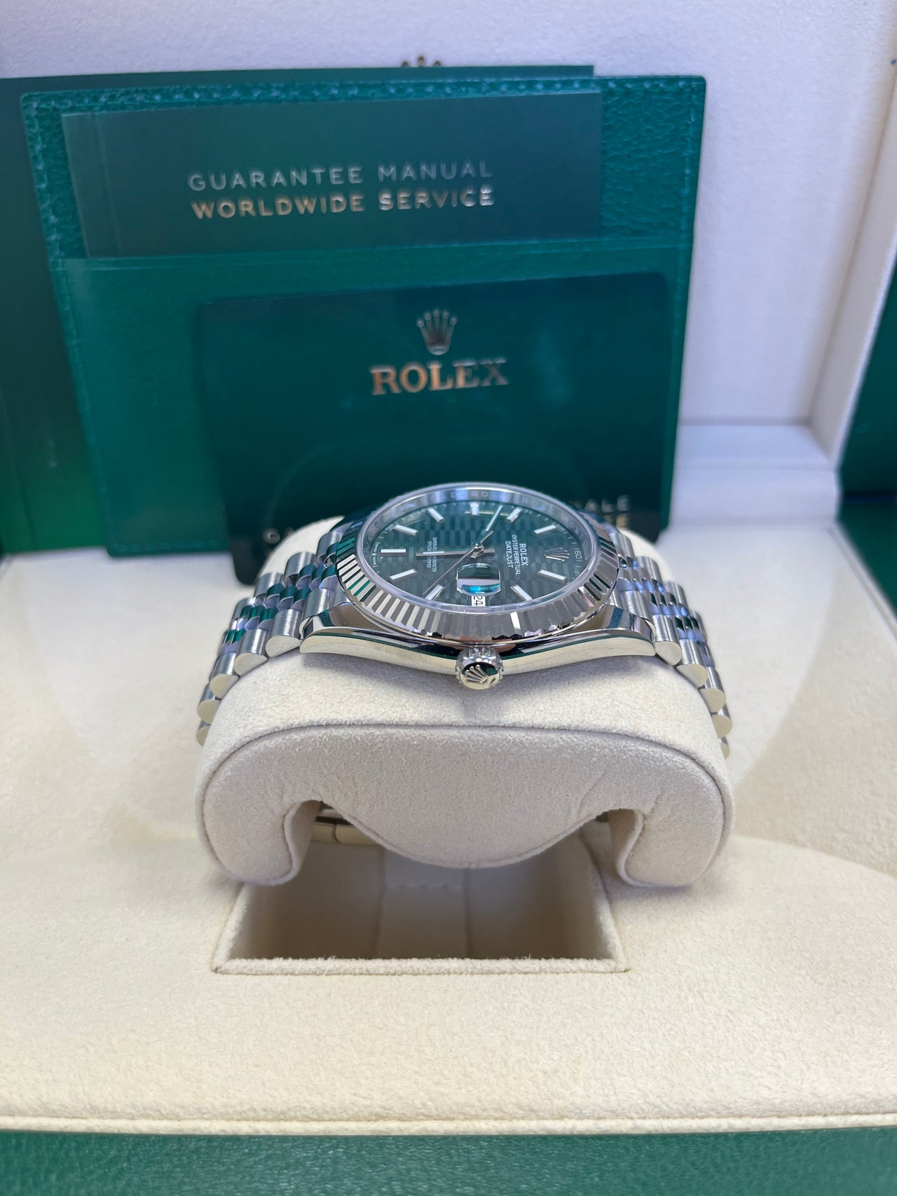 Rolex Datejust 41mm White Gold/Steel Mint Green Fluted Motif Index Fluted Bezel Jubilee Reference #126334