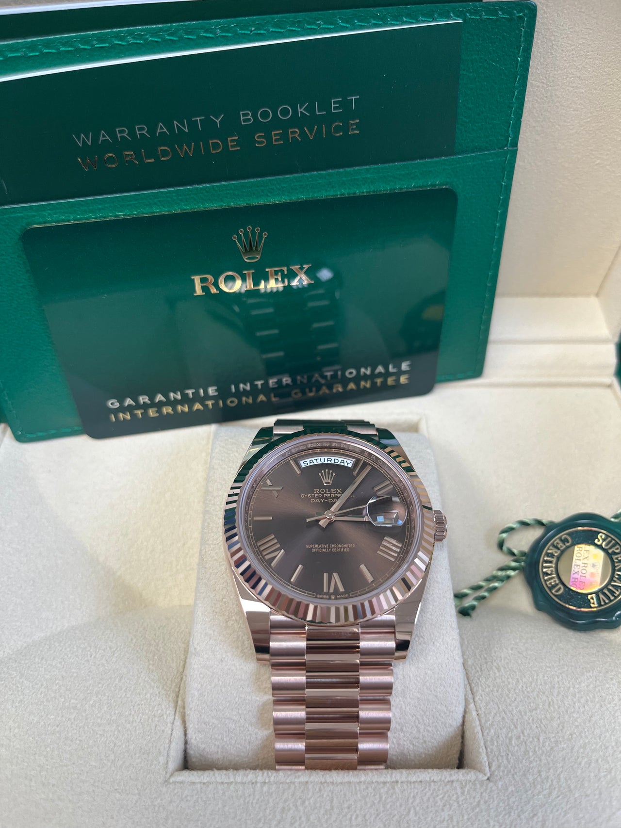 Rolex Day-Date 40 Rose Gold w/ Chocolate Roman Dial & Fluted Bezel (Ref# 228235)