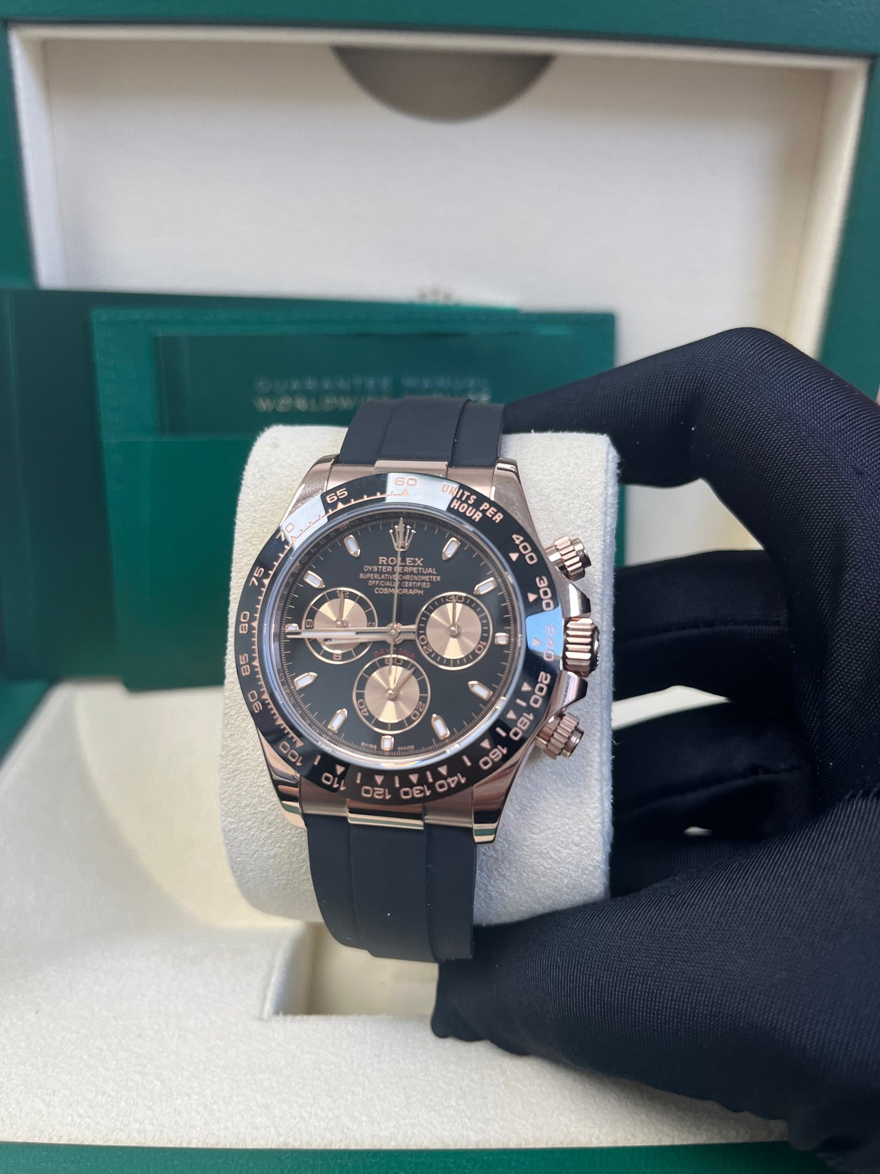 Rolex Rose Gold Daytona 40 Watch - Black Index Dial - Black Oysterflex Strap Reference Reference #116515ln