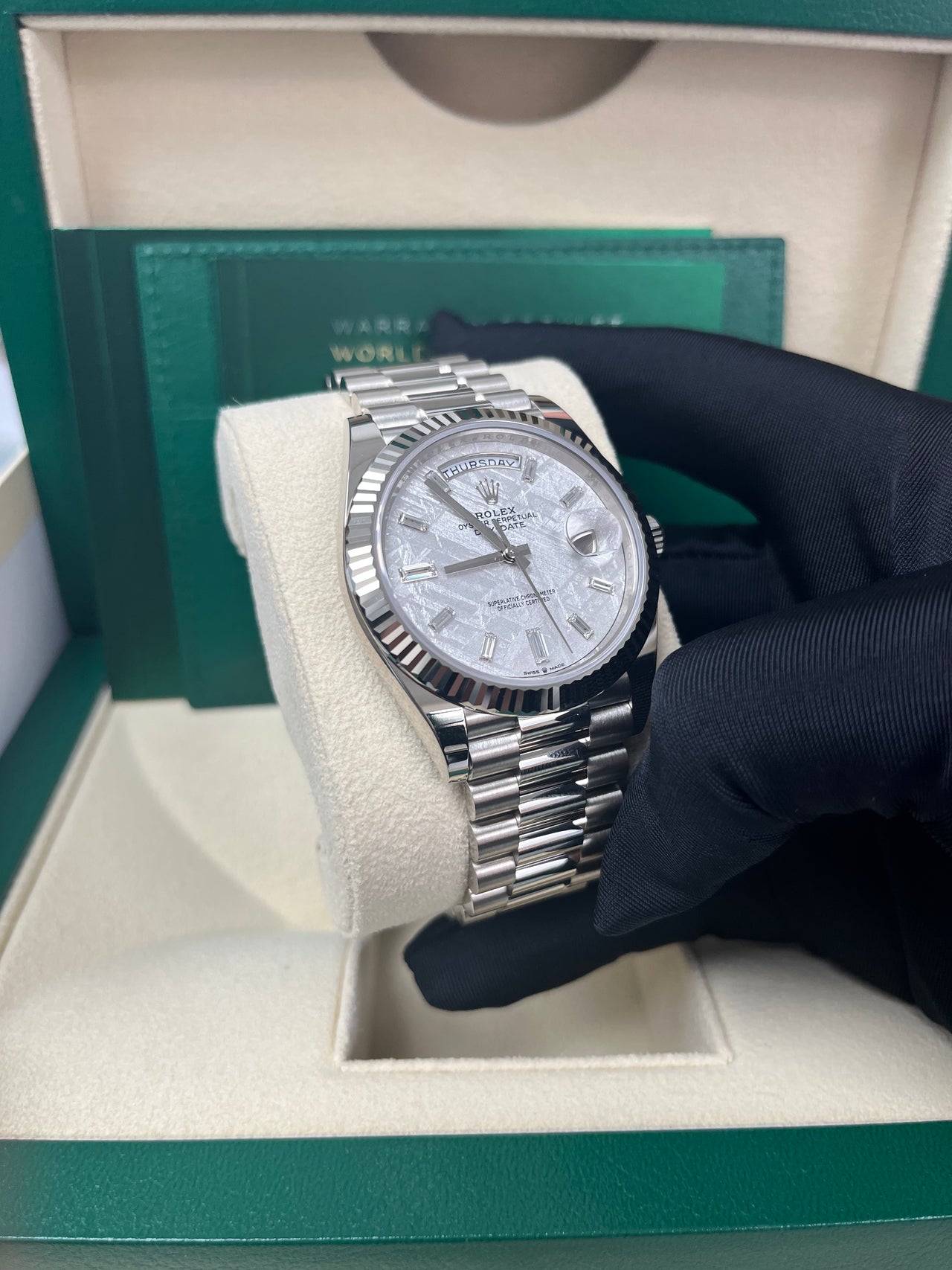 Rolex Day-Date 40mm Meteorite Baguette Dial White Gold Fluted Bezel Reference # 228239