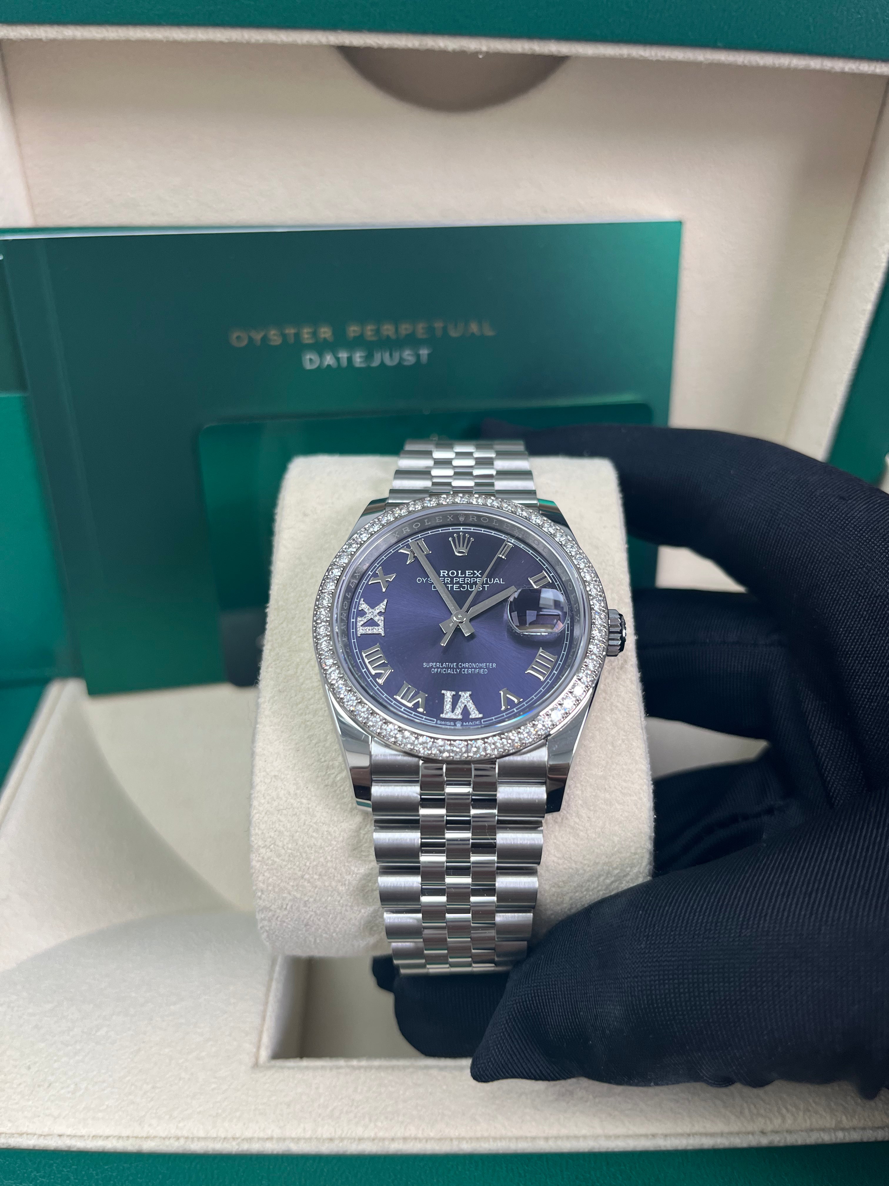 Rolex Steel Datejust 36 Watch - Diamond Bezel - Aubergine Purple Diamond Roman VI and IX Dial - Jubilee Bracelet (Reference #126284rbr)