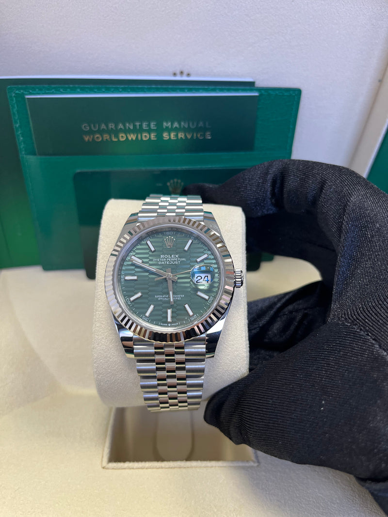 Rolex Datejust 41mm White Gold/Steel Mint Green Fluted Motif Index Fluted Bezel Jubilee Reference #126334