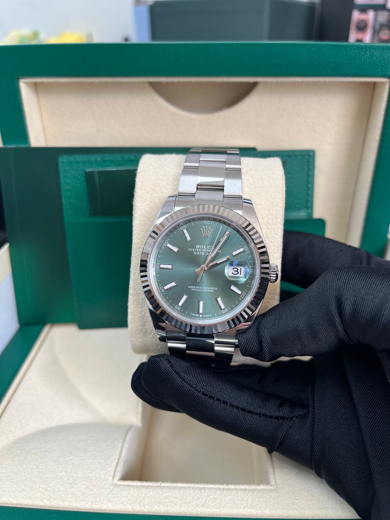 Rolex Datejust Oyster 41 mm Oystersteel Mint Green Dial Fluted Bezel Oyster Bracelet (Reference # 126334)