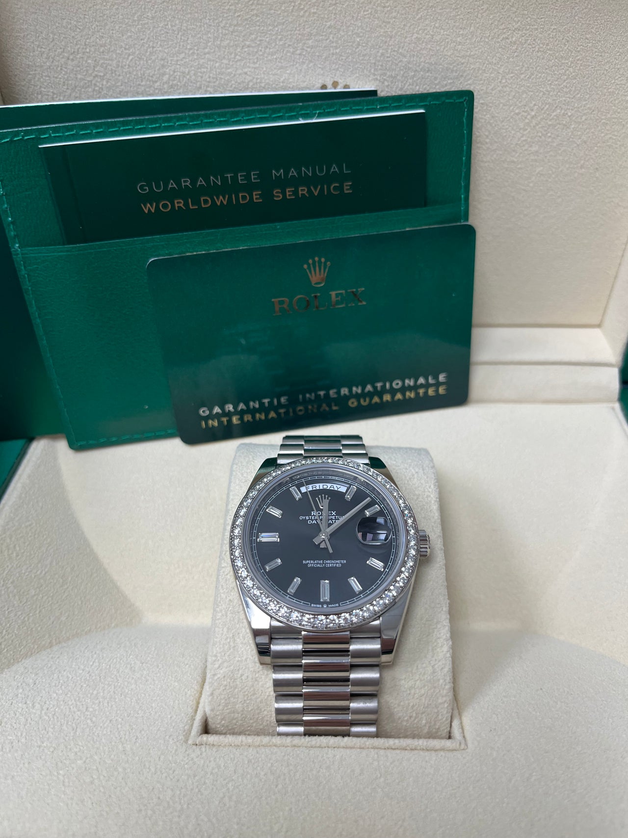 Rolex Day-Date 40 White Gold Day-Date 40 Watch - White Gold Bezel - Black Baguette Diamond Dial 228349RBR