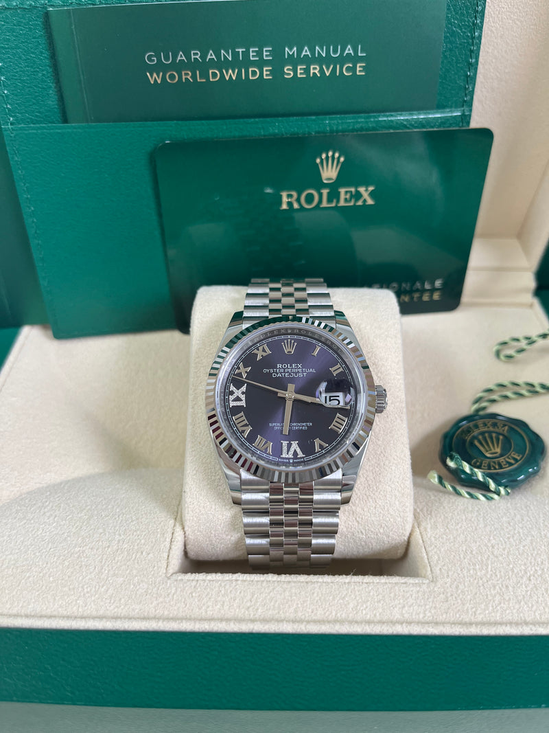 Rolex Datejust 36 Fluted Bezel Aubergine Purple Diamond Roman VI and IX Dial Jubilee Bracelet (Ref# 126234)