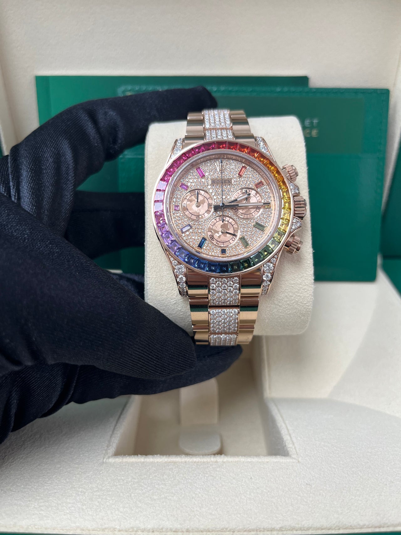 Rolex Cosmograph Everose Daytona Factory Diamond Rainbow Edition Ref# 116595RBOW)