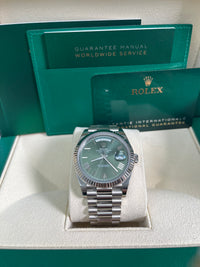 Thumbnail for Rolex White Gold Day-Date 40 Watch - Fluted Bezel - Olive Green Bevelled Roman Dial - President Bracelet (Ref# 228239)