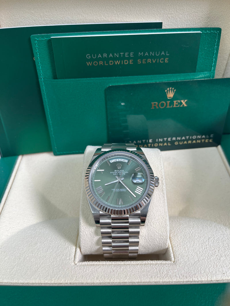 Rolex White Gold Day Date 40 Watch Fluted Bezel Olive Green