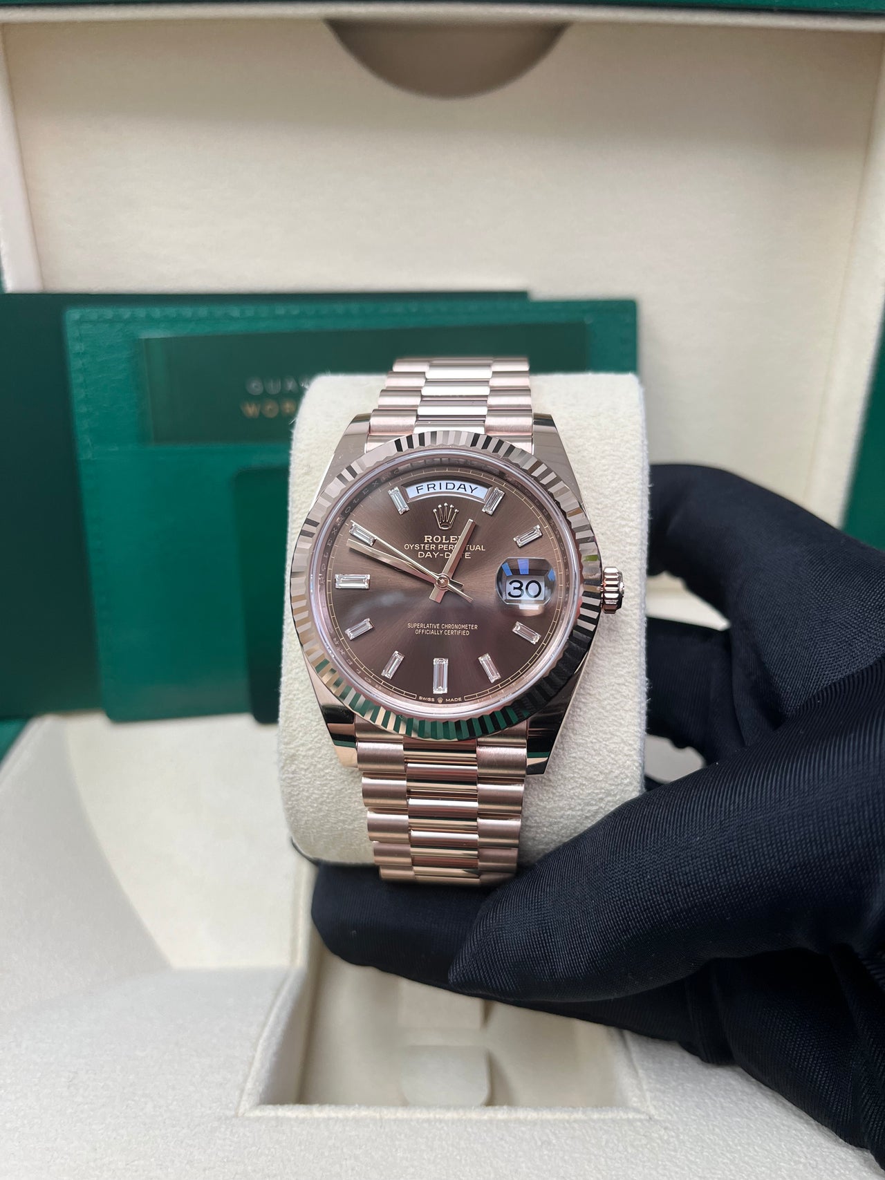 Rolex Day-Date 40 Rose Gold Day-Date 40 Watch - Fluted Bezel - Chocolate Baguette Diamond Dial - 228235