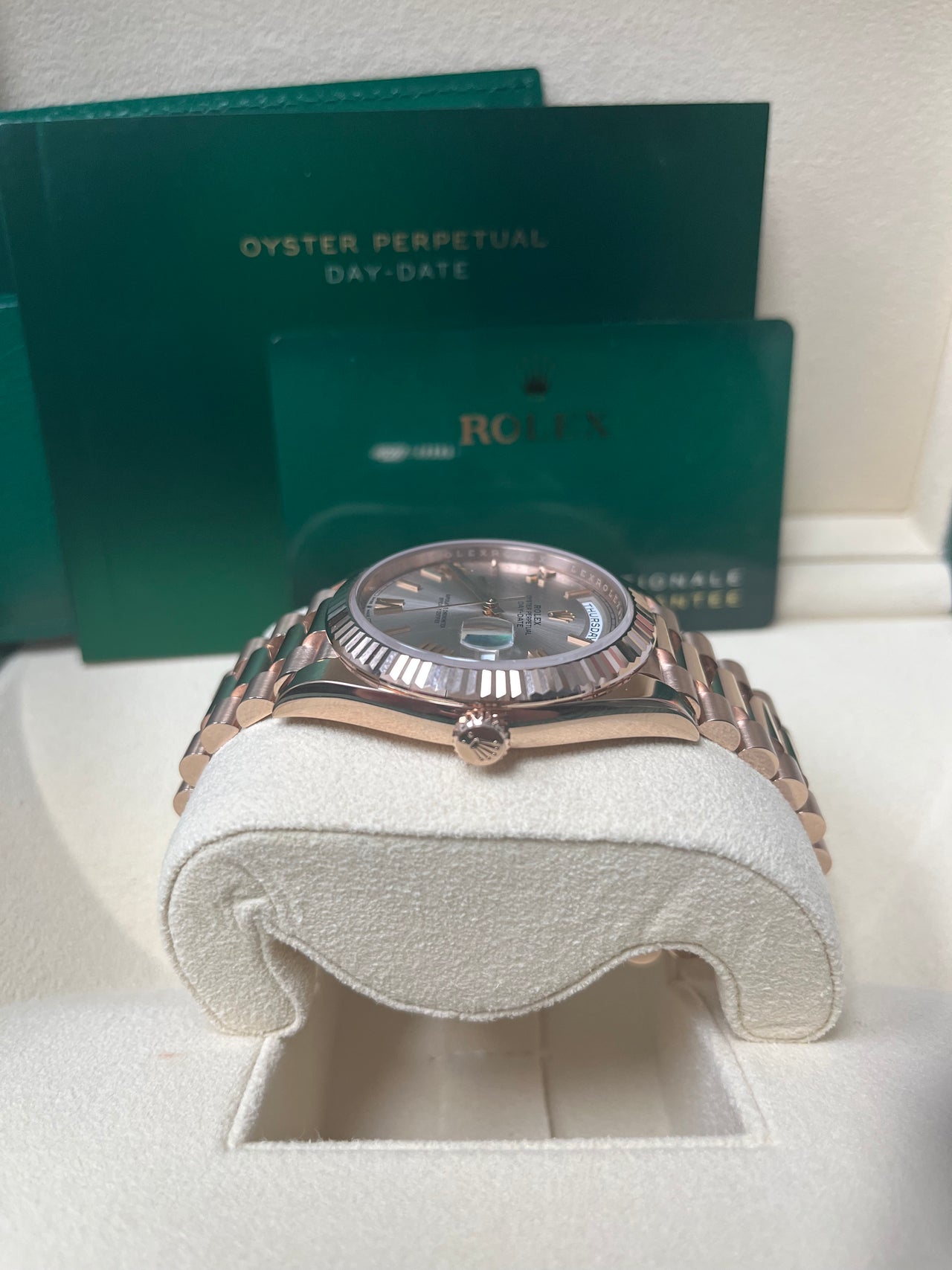 Rolex Day-Date 40 Rose Gold Sundust Roman Dial Fluted Bezel (Ref # 228235)