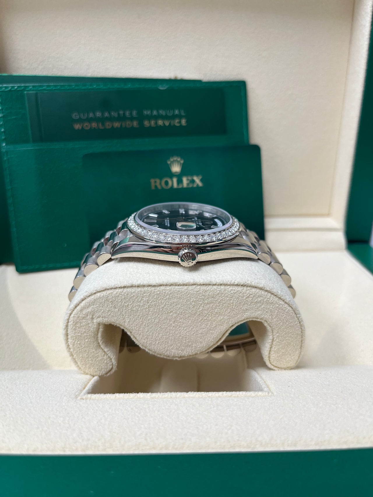 Rolex Day-Date 40 White Gold Day-Date 40 Watch - White Gold Bezel - Black Baguette Diamond Dial 228349RBR