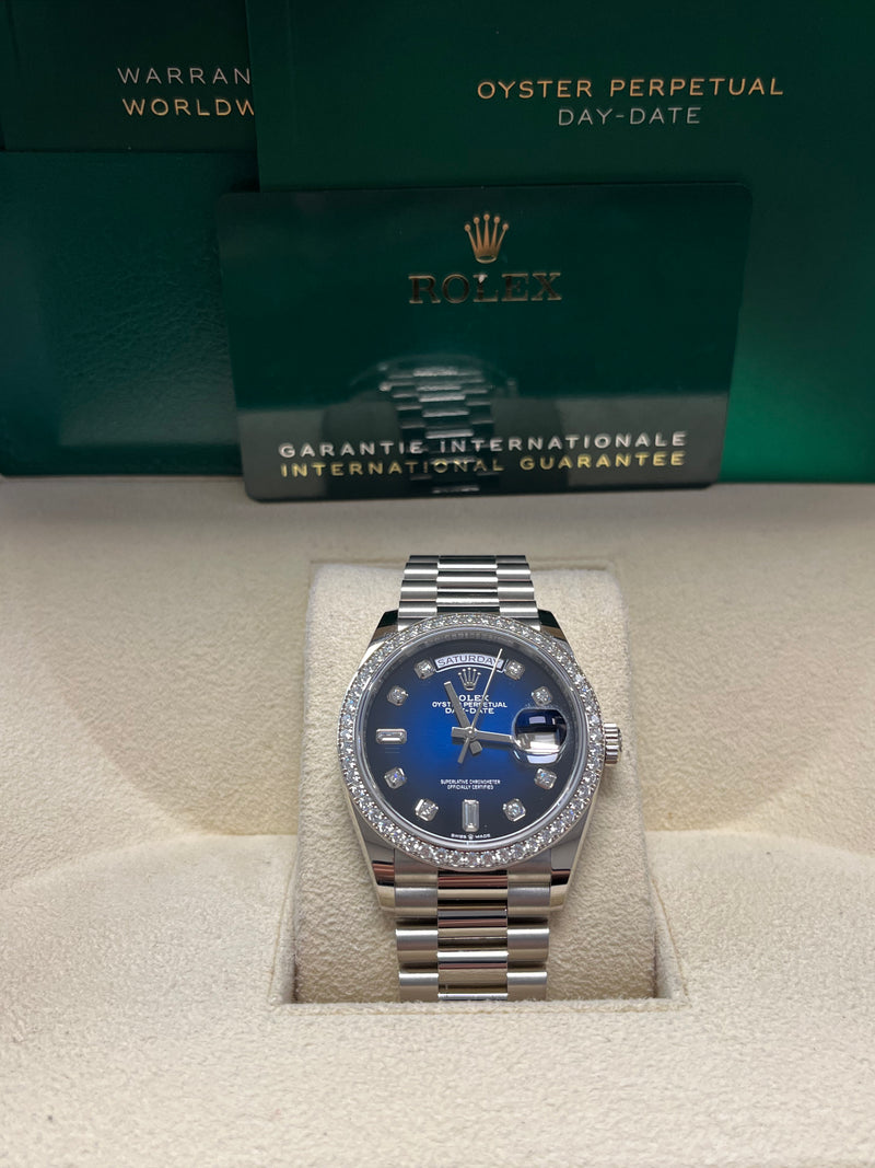 Rolex Day-Date 36/ Blue Ombre Dial/ Diamond Bezel/ White Gold President Bracelet (Ref # 128349RBR)