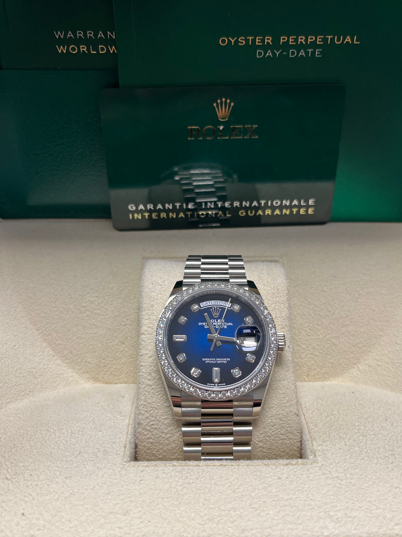 Rolex Day Date 36 Blue Ombre Dial Diamond Bezel White Gold