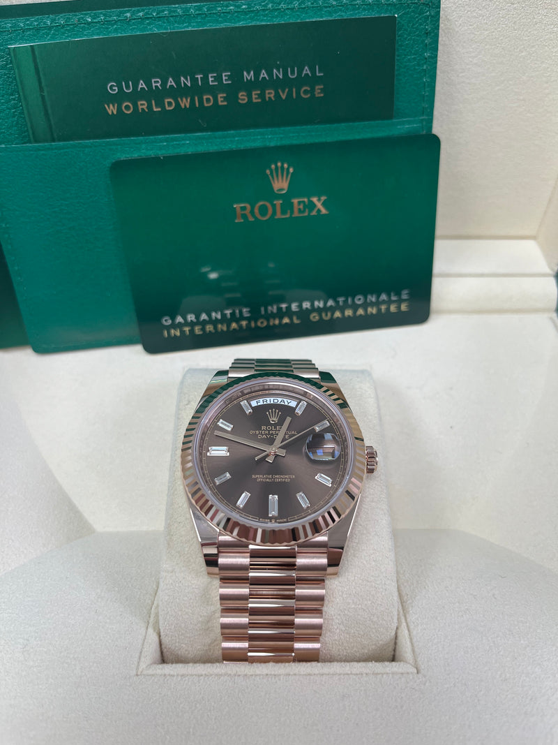 Rolex Day-Date 40 Rose Gold Day-Date 40 Watch - Fluted Bezel - Chocolate Baguette Diamond Dial - 228235