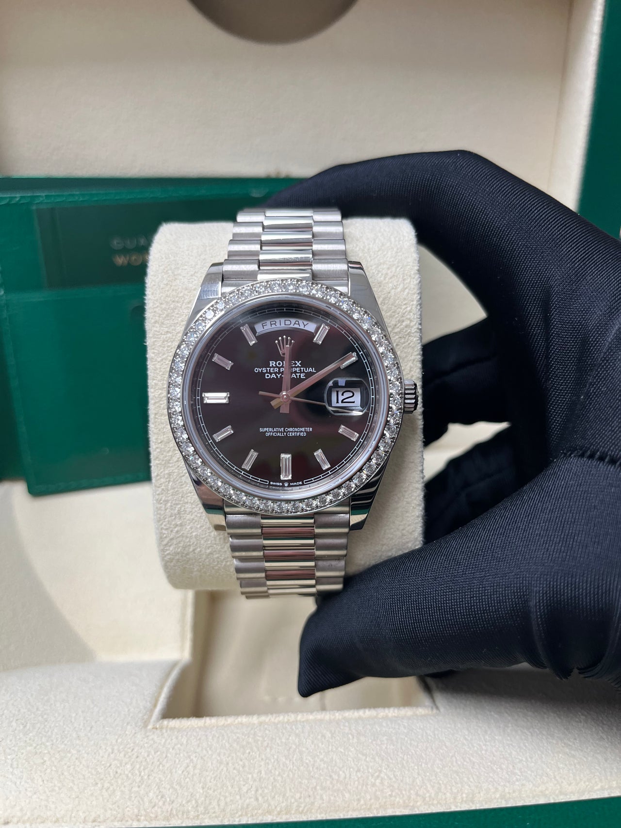 Rolex Day-Date 40 White Gold Day-Date 40 Watch - White Gold Bezel - Black Baguette Diamond Dial 228349RBR