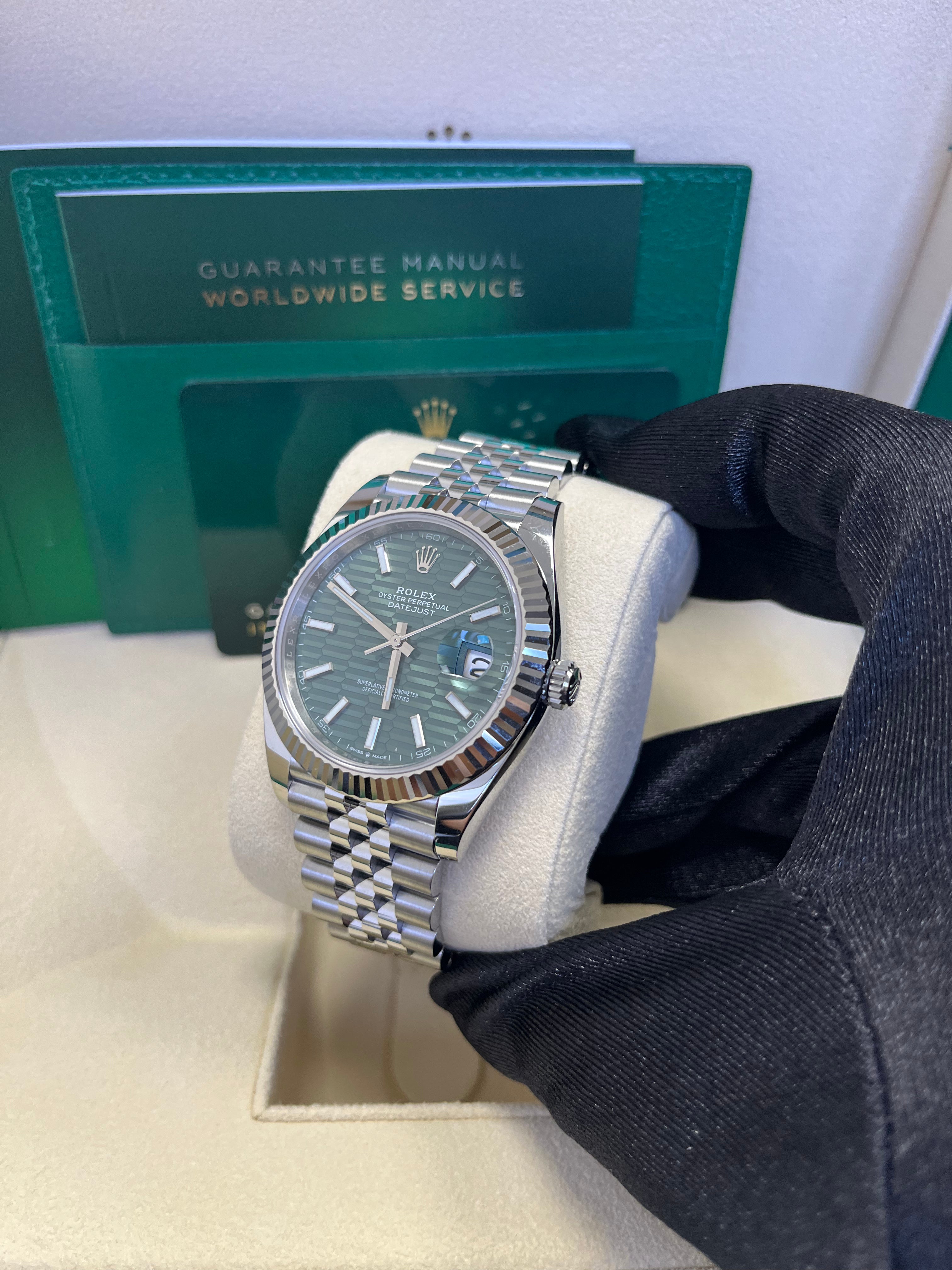 Rolex Datejust 41mm White Gold/Steel Mint Green Fluted Motif Index Fluted Bezel Jubilee Reference #126334