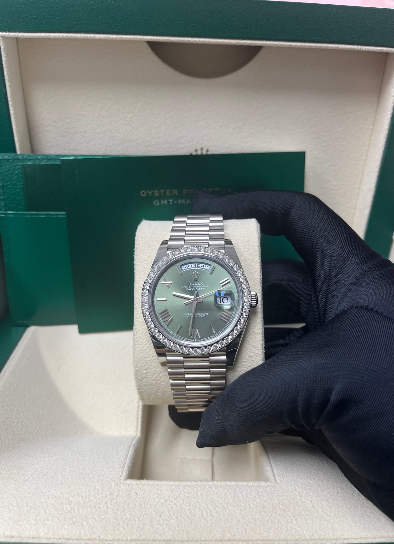 Rolex Day Date 40mm White Gold 228349RBR Olive Green Roman