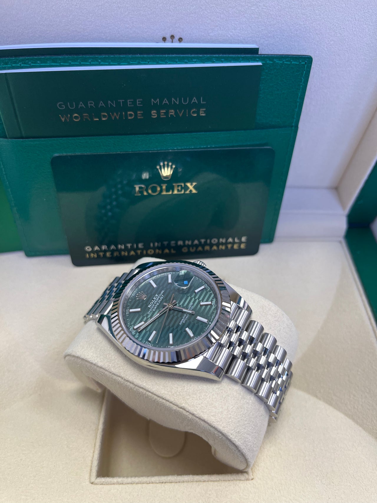 Rolex Datejust 41mm White Gold/Steel Mint Green Fluted Motif Index Fluted Bezel Jubilee Reference #126334