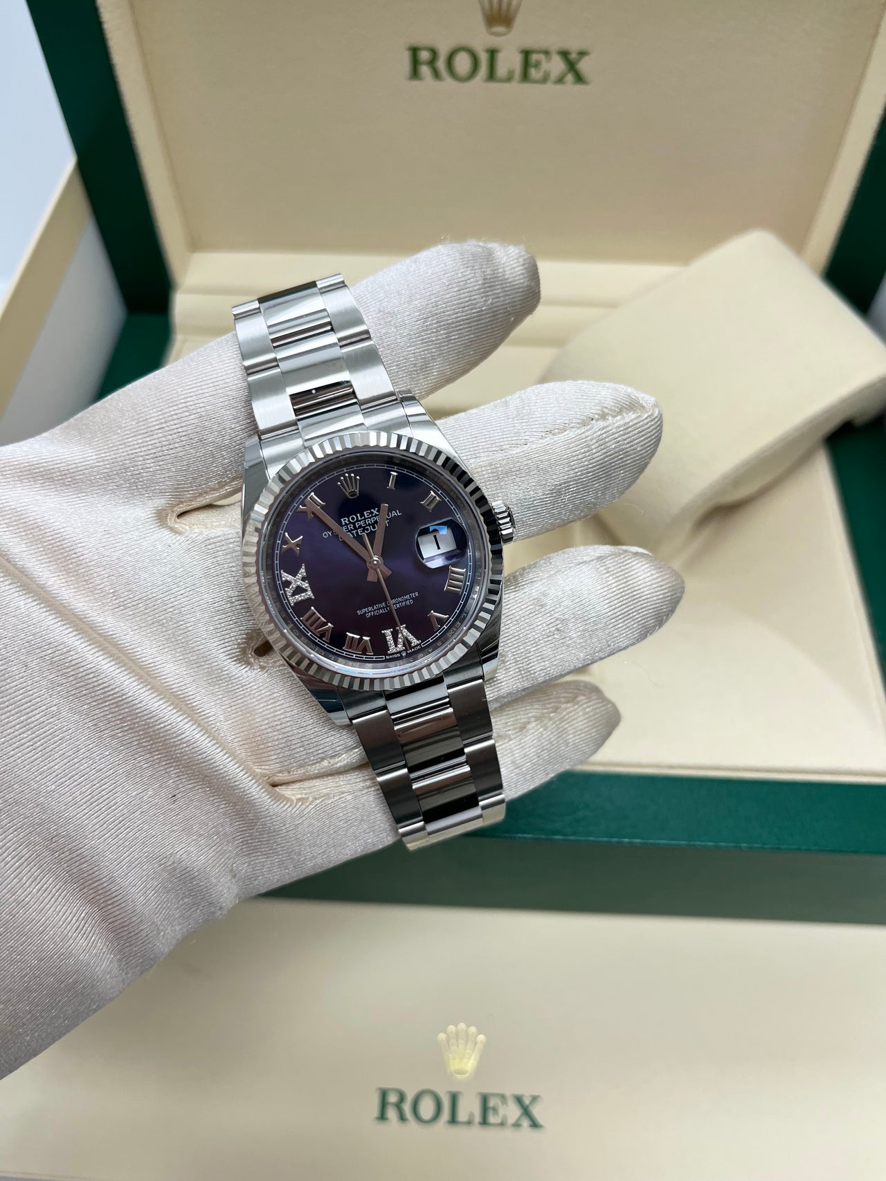 Rolex Datejust 36 Fluted Bezel Aubergine Purple Diamond Roman VI and IX Dial Oyster Bracelet (Ref# 126234)