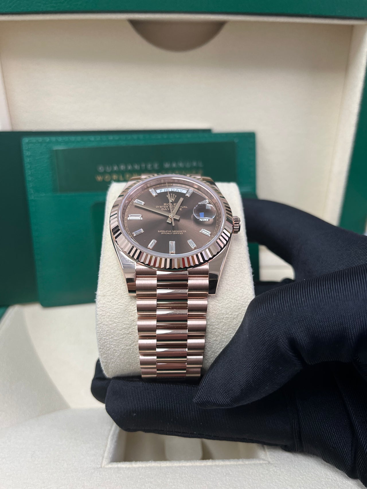 Rolex Day-Date 40 Rose Gold Day-Date 40 Watch - Fluted Bezel - Chocolate Baguette Diamond Dial - 228235