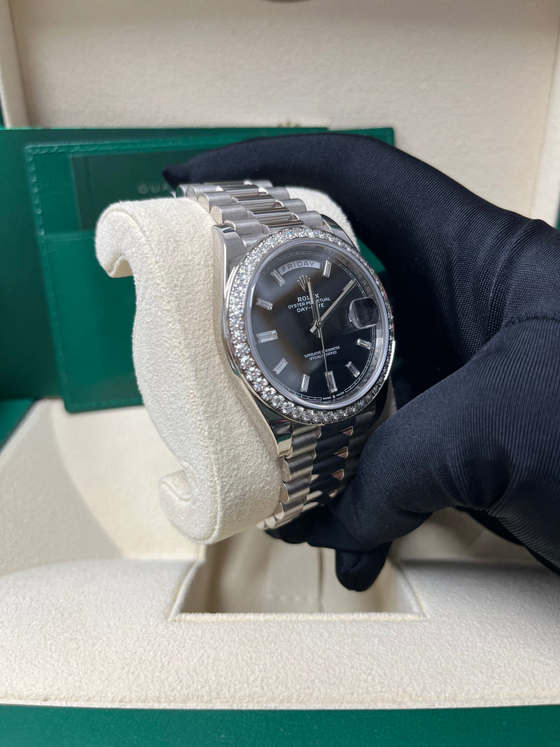 Rolex Day-Date 40 White Gold Day-Date 40 Watch - White Gold Bezel - Black Baguette Diamond Dial 228349RBR