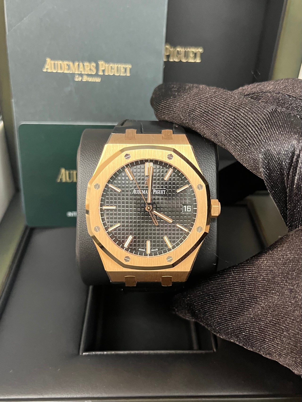 Audemars Piguet Royal Oak Selfwinding Rose Gold Black Dial Black Leather Strap Ref 15500OR.OO.D002CR.01