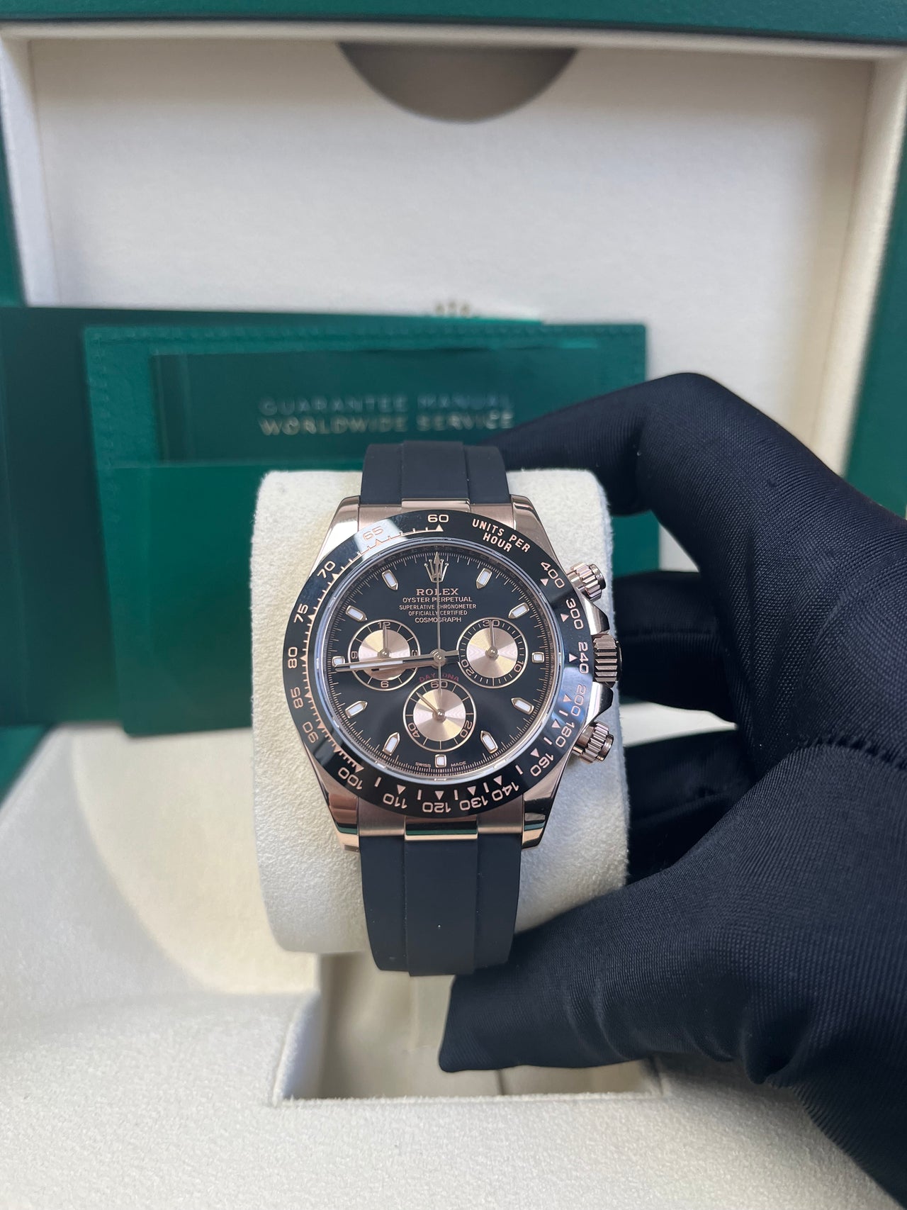 Rolex Rose Gold Daytona 40 Watch - Black Index Dial - Black Oysterflex Strap Reference Reference #116515ln