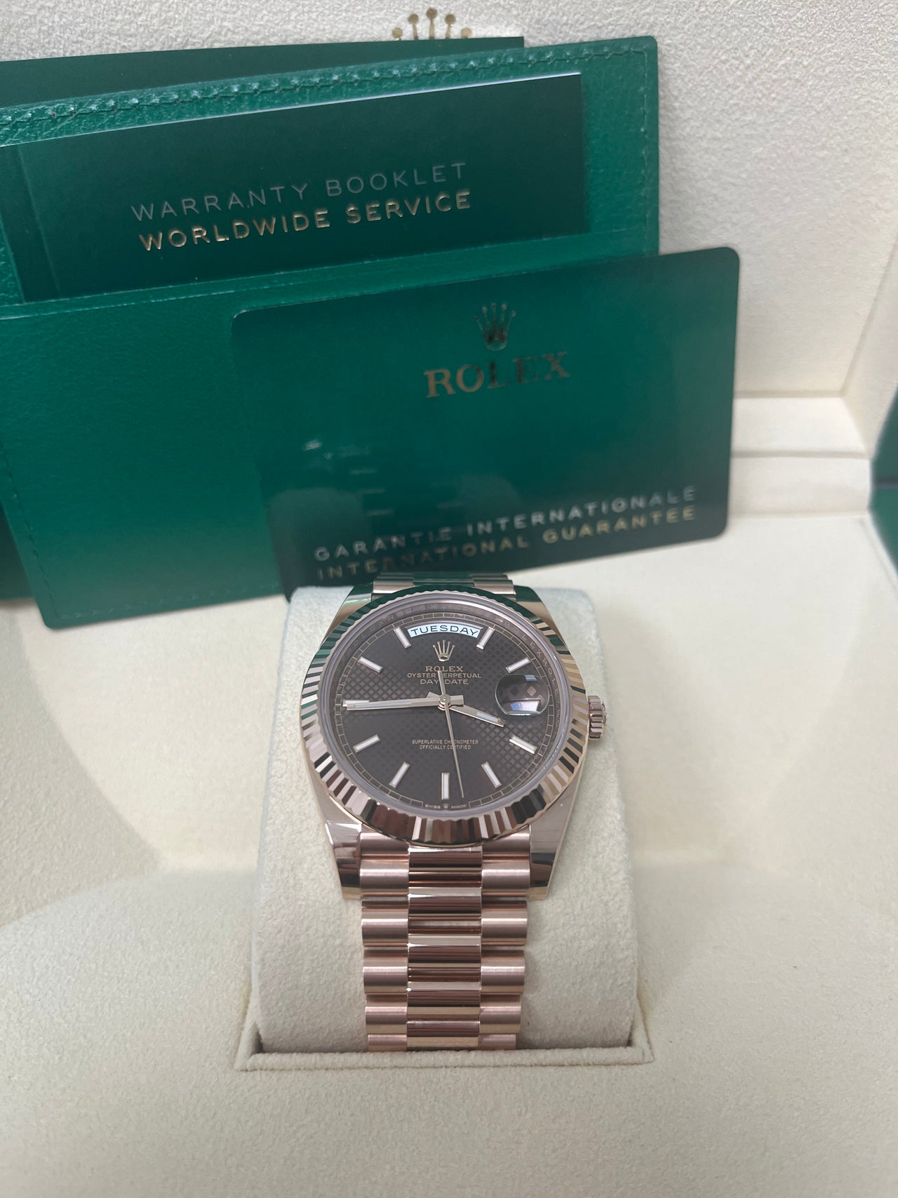 Rolex Day-date 40  Fluted Bezel Chocolate Diagonal Motif Index Dial President Bracelet (Ref # 228235)
