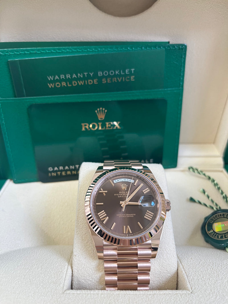 Rolex Day-Date 40 Rose Gold w/ Chocolate Roman Dial & Fluted Bezel (Ref# 228235)