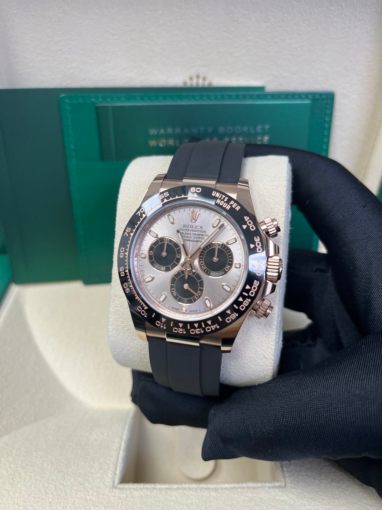 Rolex Cosmograph Daytona Rose Gold Dial Black Subdials Oysterflex (Reference # 116515ln)