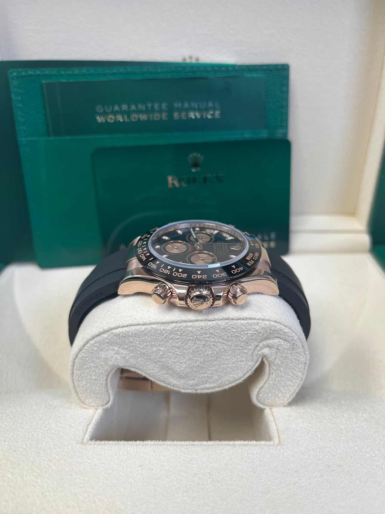 Rolex Rose Gold Daytona 40 Watch - Black Index Dial - Black Oysterflex Strap Reference Reference #116515ln