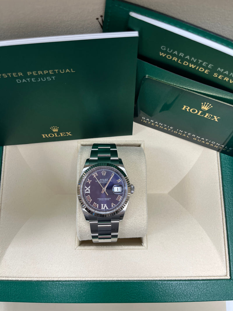 Rolex Datejust 36 Fluted Bezel Aubergine Purple Diamond Roman VI and IX Dial Oyster Bracelet (Ref# 126234)